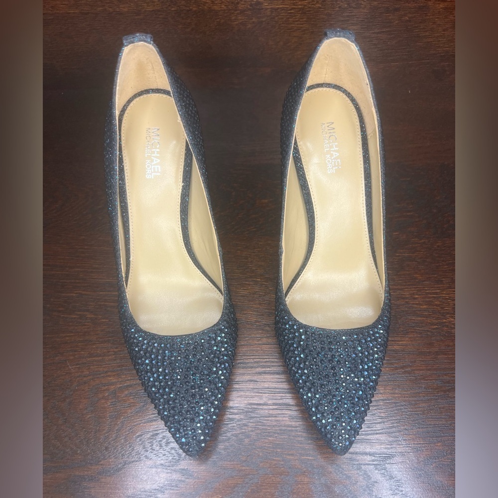 Michael Kors Black Iridescent purple /blue rhinestone Studded Heels